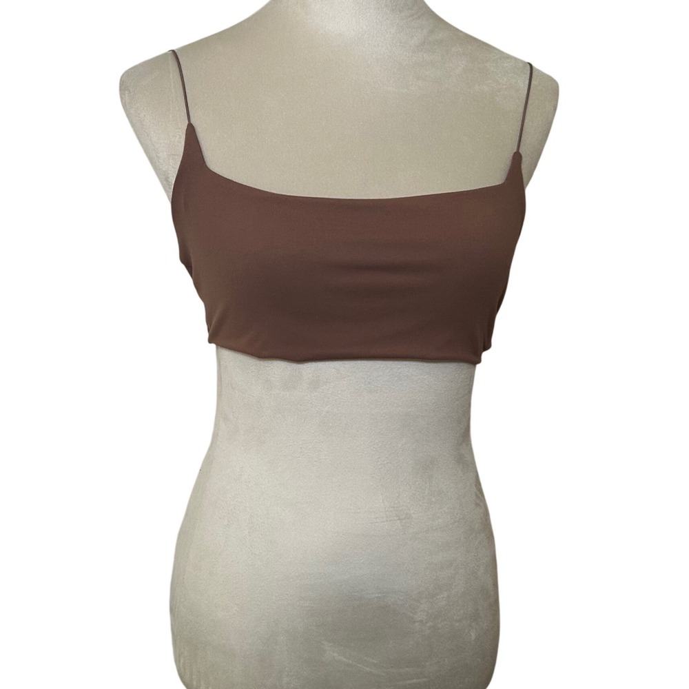 Joah Brown Womens Crop Tank Top Brown Spaghetti Strap Square Neck M/L minimal